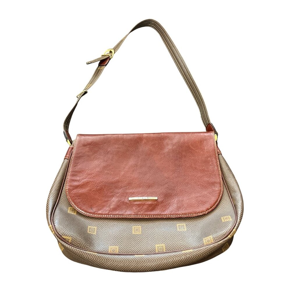 Texier Brown Leather & Green Coated Canvas Shoulder Bag Made in France